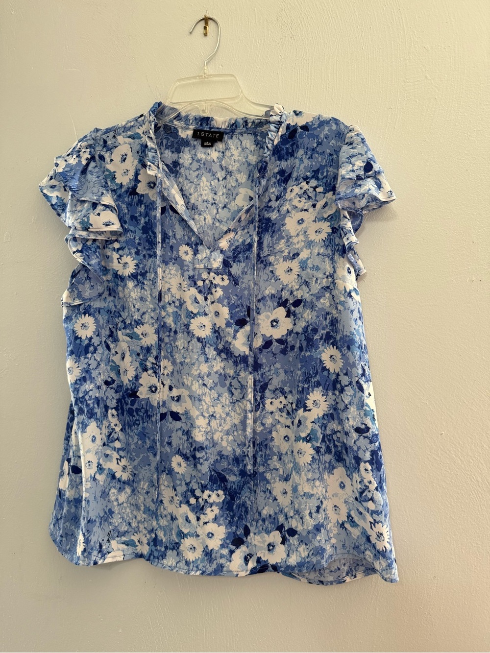 1. State Blue & White Floral Ruffle Sleeve V-Neck Blouse